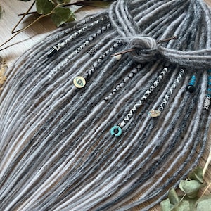 Gray Dreadlock Extensions Decorated with Beads | SE/DE Faux Locs | Crochet Synthetic Dreads | Festival, Viking, Cosplay Hair