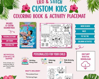 Personalized Stitch Inspired Coloring Book & Activity Placemat | Tropical Birthday Party Favor | Custom Coloring Pages | Digital Download