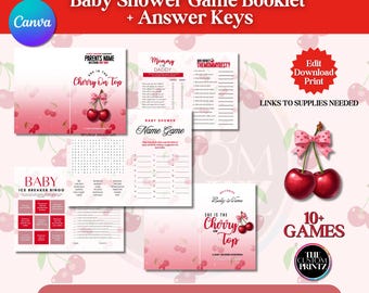 She’s The Cherry On Top Baby Shower Games Bundle, Editable Baby Shower Game Booklet, Printable Shower Games, Canva Template
