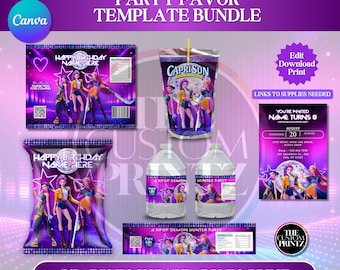 Kpop Demon Hunter Party Favor Template Bundle | Editable Canva Templates | Capri Sun, Chip Bag, Water Bottle Labels | Instant Download