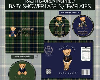 Preppy Plaid Teddy Bear Baby Shower Templates | Editable Chip Bag & Treat Labels | Green Navy Bear Baby Shower Canva Template