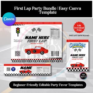 May include: A party favor template bundle with a racing theme. The design includes a red race car, checkered flags, and the text "First Lap" and "Name Here". The templates are editable and designed for easy use.