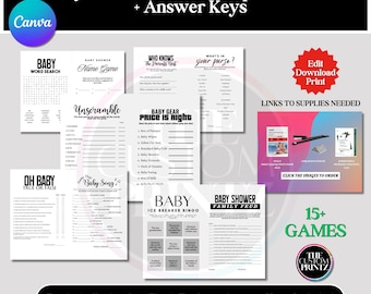 Baby Shower Games Template Bundle | Editable Canva Games | Answer Keys Included | Instant Download