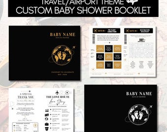 Travel Baby Shower Booklet Template | Airport Theme Baby Shower Games | Passport | Editable Canva Template | Instant Download