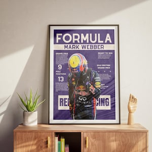 May include: A purple and white poster with a photo of Formula One driver Mark Webber in a red bull racing suit. The poster has the text "Formula Mark Webber" and "Ready to Win" with statistics about his career.