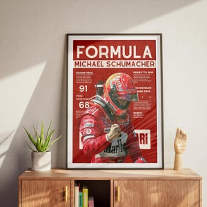 Könnte beinhalten: Ein rotes und weißes Poster mit einem Foto von Michael Schumacher in einem roten Rennanzug. Das Poster trägt oben den Text "FORMULA MICHAEL SCHUMACHER" und Statistiken über seine Rennkarriere, darunter "91 GRAND PRIX" und "68 POLE POSITIONS".