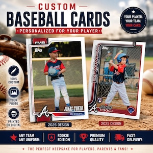 May include: Custom baseball cards, personalised for players. The image shows two baseball cards with photos of young players. Text includes "2026 Design", "2025 Design", and "Rookie Edition". Cards are printed or digital.