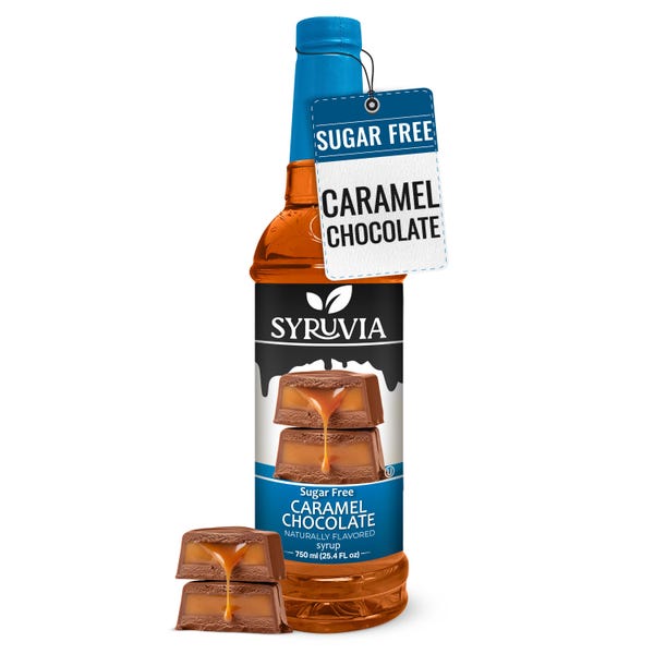 Jarabe de chocolate y caramelo sin azúcar Syruvia para café, 750 ml (25.4 fl oz), jarabe aromatizante de café de primera calidad.