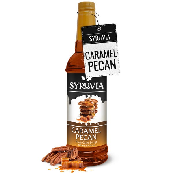 Jarabe de caramelo y nuez pecana Syruvia para café, 25.4 fl oz, jarabe saborizante de café premium
