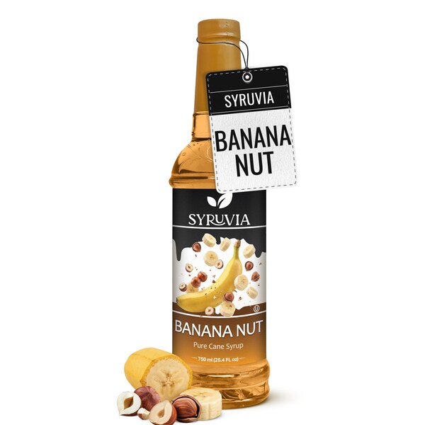 Jarabe de plátano y nuez Syruvia para cócteles, 750 ml (25.4 fl oz), jarabe premium para cócteles.