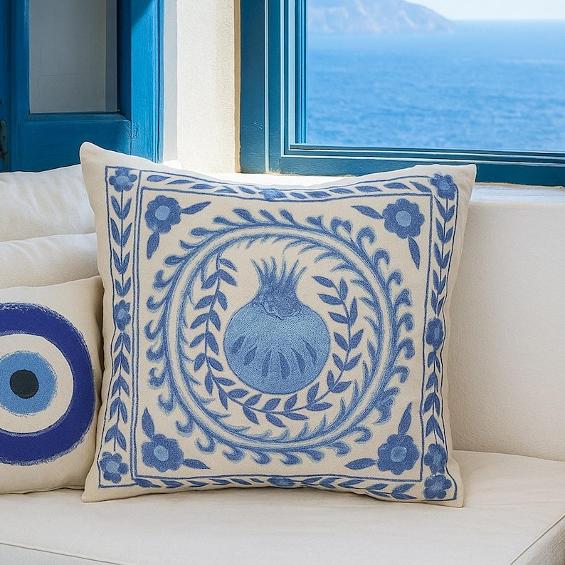 Ottoman Uzbek Blue Pomegranate Pillow Cover - Turkic Mediterranean Throw Pillow, Boho Cushion, Greek Coastal Home Decor image 1