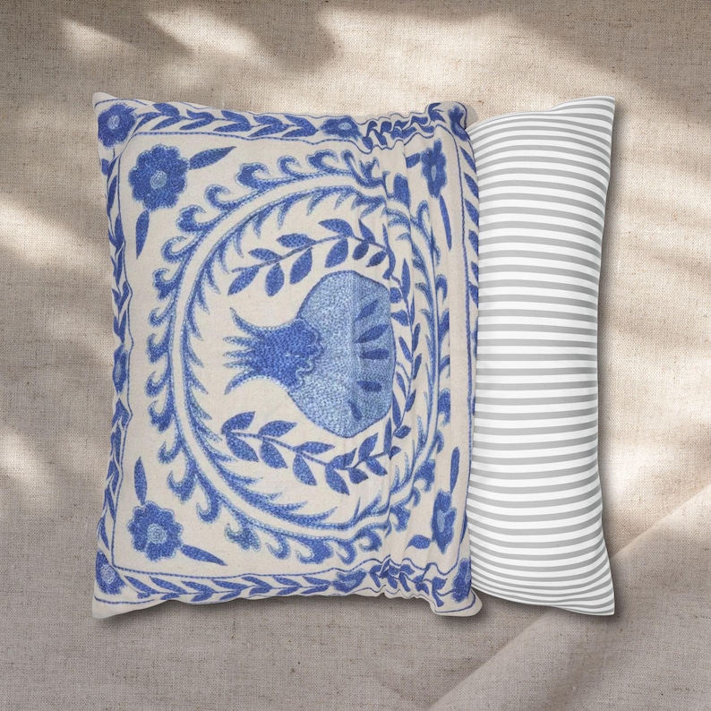Ottoman Uzbek Blue Pomegranate Pillow Cover - Turkic Mediterranean Throw Pillow, Boho Cushion, Greek Coastal Home Decor image 3