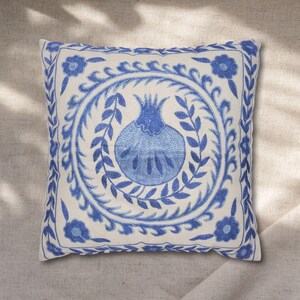 Ottoman Uzbek Blue Pomegranate Pillow Cover - Turkic Mediterranean Throw Pillow, Boho Cushion, Greek Coastal Home Decor image 2