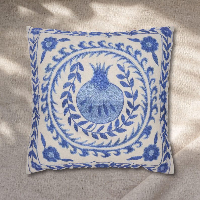 Ottoman Uzbek Blue Pomegranate Pillow Cover - Turkic Mediterranean Throw Pillow, Boho Cushion, Greek Coastal Home Decor image 2