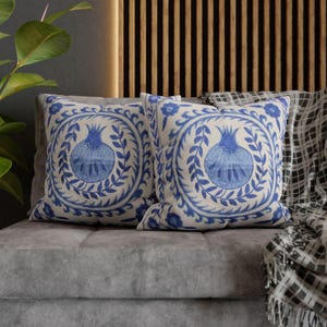 Ottoman Uzbek Blue Pomegranate Pillow Cover - Turkic Mediterranean Throw Pillow, Boho Cushion, Greek Coastal Home Decor image 4