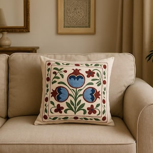 Pomegranate Print Pillow Cover - Cream & Maroon/Blue