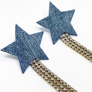 Brincos de franjas em formato de estrela jeans, joias com estilo western glamouroso, brincos inspirados em cowboy carter
