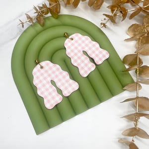 Pink Gingham Faux Leather Earrings, Wavy Arch Statement Earrings, Cute Pastel Retro Jewelry, pink checkered