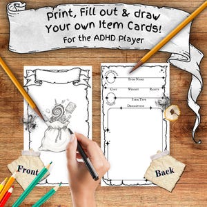 Puede incluir: Tarjetas de objetos en blanco y negro con el texto "Print, Fill out & draw Your own Item Cards! For the ADHD Player" en una pancarta. La parte delantera de la tarjeta tiene una pancarta y un dibujo de una bolsa de objetos. La parte trasera de la tarjeta tiene campos para los detalles del artículo.