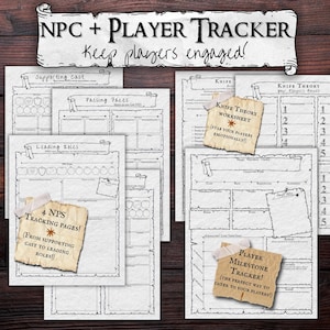 May include: A collection of black and white printable RPG tracker sheets. The sheets include sections for NPC and player tracking, with titles like "Supporting Cast," "Passing Faces," and "Leading Roles." The text "NPC + PLAYER TRACKER" is at the top.