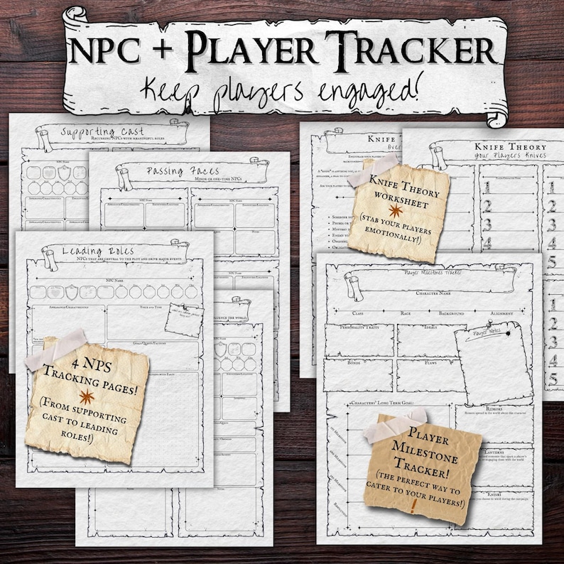 May include: A collection of black and white printable RPG tracker sheets. The sheets include sections for NPC and player tracking, with titles like "Supporting Cast," "Passing Faces," and "Leading Roles." The text "NPC + PLAYER TRACKER" is at the top.