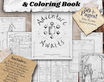 Printable DnD Campaign Journal & Coloring Book, Dungeons and Dragons, Character Sheet, For Beginners, Instant PDF download, 5e, RPG,