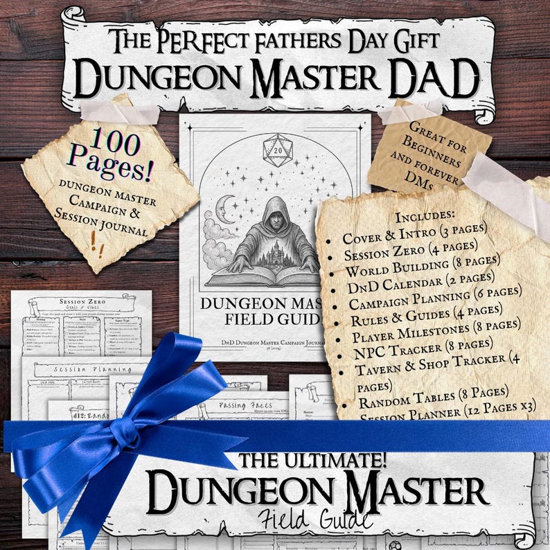 May include: A Dungeon Master Field Guide with the text "The Perfect Fathers Day Gift Dungeon Master Dad". The guide includes 100 pages of campaign and session journals, and a blue ribbon. The guide is great for beginners and forever DMs.