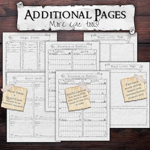May include: A collection of printable Dungeons & Dragons (D&D) themed pages. Includes calendar pages, magic item handouts, quest cards, and blank letter sheets. The pages are designed with a parchment-like texture and decorative scroll elements.