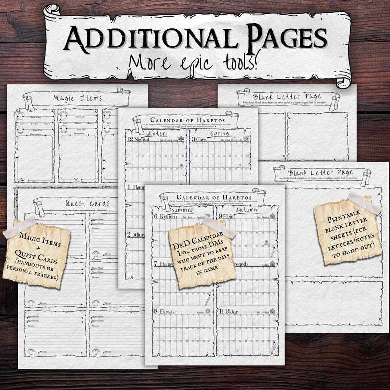 May include: A collection of printable Dungeons & Dragons (D&D) themed pages. Includes calendar pages, magic item handouts, quest cards, and blank letter sheets. The pages are designed with a parchment-like texture and decorative scroll elements.