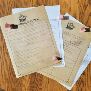May include: A tabletop role-playing game (TTRPG) nautical combat guide with a ship illustration. The guide is printed on aged paper, with pink dice and anchor illustrations. The text includes game rules and ship combat mechanics.