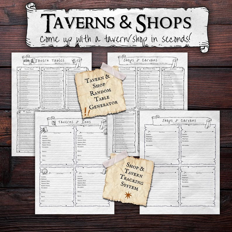 May include: A collection of printable fantasy role-playing game aids. The image features several sheets with tables for taverns, shops, and inns, along with a "Tavern & Shop Random Table Generator" and a "Shop & Tavern Tracking System" note.