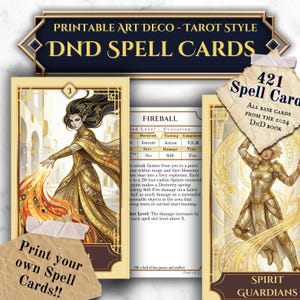 Puede incluir: Tarjetas de hechizos DND imprimibles de estilo art déco. Las tarjetas presentan ilustraciones de personajes y hechizos de fantasía, incluyendo "Fireball" y "Spirit Guardians". El diseño incorpora colores dorados y crema con bordes y texto decorativos.