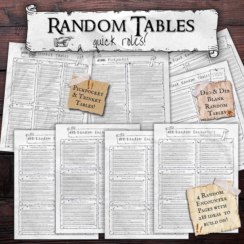 May include: A collection of printed pages with the title "RANDOM TABLES" and the subtitle "quick roles!". The pages include tables for trinkets, pickpocketing, and random encounters, with the text "D20 & D12 BLANK RANDOM TABLES". There are 4 random encounter pages with 288 ideas.