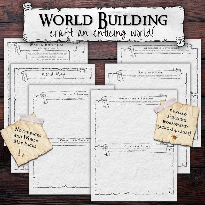 May include: A collection of eight world-building worksheets, including notes and world map pages. The worksheets are printed on textured paper with decorative scroll-like borders. The title "WORLD BUILDING" is displayed at the top.