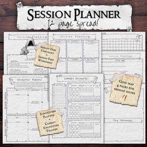 May include: A black and white session planner with the text "SESSION PLANNER" and "12 page spread!" on a scroll. Includes pages for session prep, encounter planning, combat encounters, and grid maps for notes.