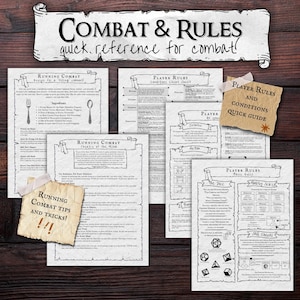 May include: A collection of printed reference sheets for a tabletop role-playing game. The sheets are in black and white, with titles like "Combat & Rules" and "Player Rules." There are also smaller notes with titles like "Running Combat Tips and Tricks!"