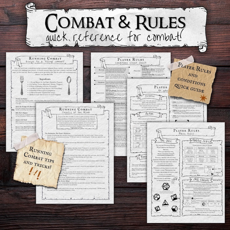 May include: A collection of printed reference sheets for a tabletop role-playing game. The sheets are in black and white, with titles like "Combat & Rules" and "Player Rules." There are also smaller notes with titles like "Running Combat Tips and Tricks!"