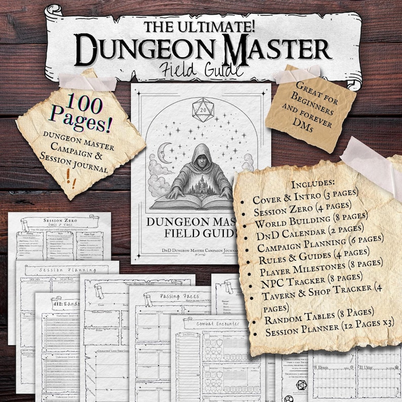May include: A Dungeon Master Field Guide with 100 pages, campaign and session journal. Includes sections for session planning, world building, and NPC tracking. The cover features a hooded figure reading a book under a crescent moon and stars.