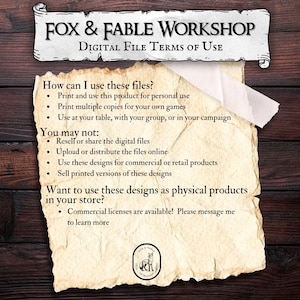 May include: A digital file terms of use document from Fox & Fable Workshop. The document is on aged paper with text detailing usage rights, including personal use and restrictions on commercial distribution. The Fox & Fable Workshop logo is at the bottom.