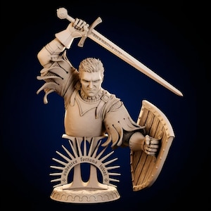 May include: A beige bust of a knight holding a sword and shield. The knight is wearing armour and a cape. The base of the bust has a decorative design with the words "Audentes Fortuna Iuvat".