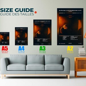 May include: A wall display featuring four framed posters of varying sizes, showcasing a music album cover with a person in a dimly lit room. The posters are labeled A5 (5.8 x 8.2 in), A4 (8.3 x 11.7 in), A3 (11.7 x 16.5 in), and A2 (16.5 x 23.4 in).