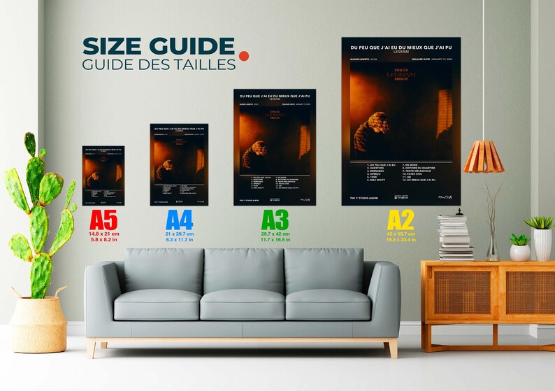 May include: A wall display featuring four framed posters of varying sizes, showcasing a music album cover with a person in a dimly lit room. The posters are labeled A5 (5.8 x 8.2 in), A4 (8.3 x 11.7 in), A3 (11.7 x 16.5 in), and A2 (16.5 x 23.4 in).