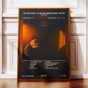 May include: Framed poster with the text "DU PEU QUE J'AI EU DU MIEUX QUE J'AI PU" and "LESRAM". The album art features a person in silhouette against an orange and black background. The poster is in a brown wooden frame.