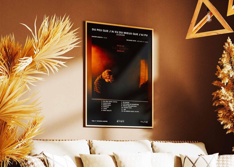 May include: A framed poster with the text "DU PEU QUE J'AI EU DU MIEUX QUE J'AI PU" in black and white. The poster features a dark image of a person and a list of song titles. The poster is displayed on a brown wall.