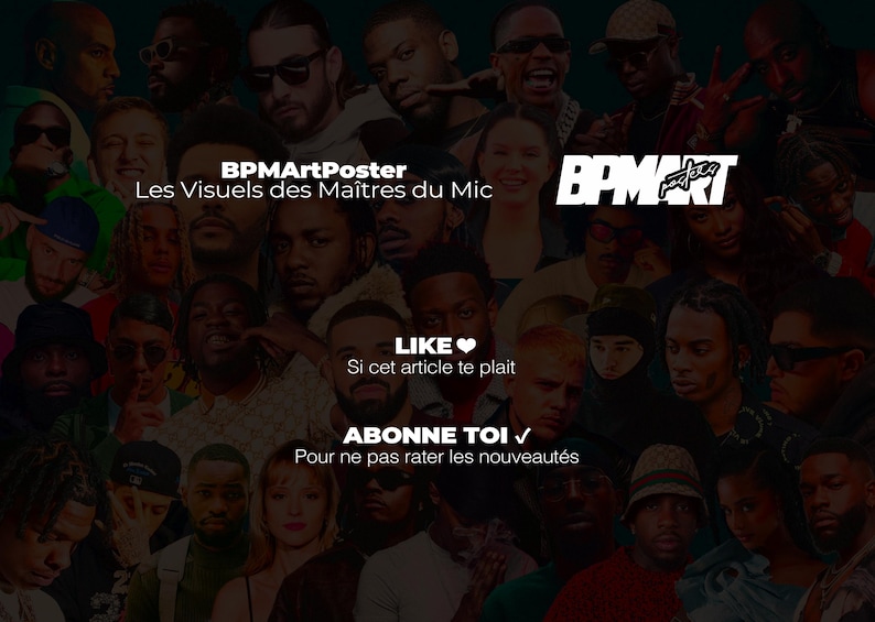 May include: A collage of diverse faces, primarily of musicians, with the text "BPMArtPoster Les Visuels des Ma&icirc;tres du Mic" and "BPMART". Additional text includes "LIKE" and "ABONNE TOI".