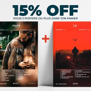 May include: Two music posters are displayed, one featuring a man in a fur coat with the text "JVLIVS SCH", and the other a red poster with a silhouette and the text "1.6". The posters are part of a promotional offer.