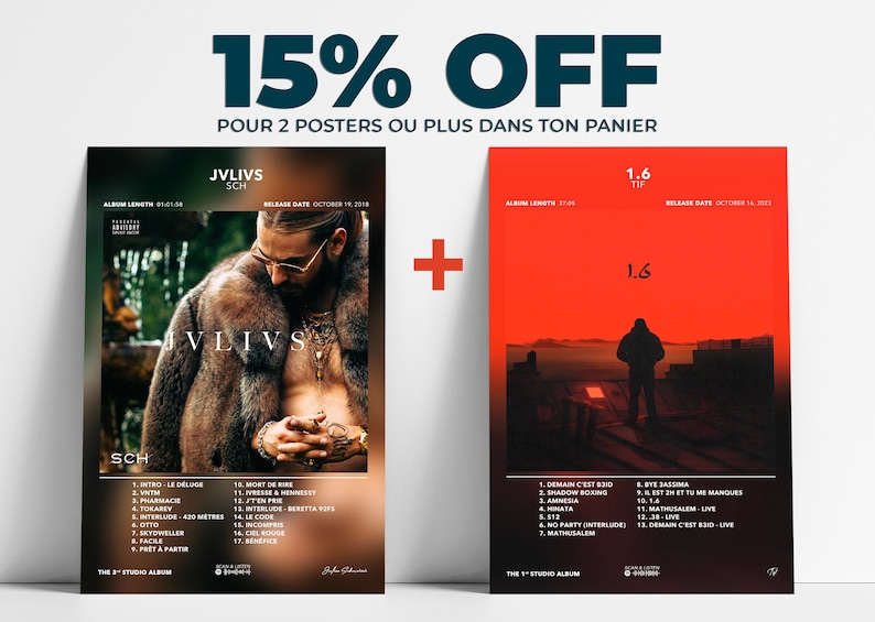 May include: Two music posters are displayed, one featuring a man in a fur coat with the text "JVLIVS SCH", and the other a red poster with a silhouette and the text "1.6". The posters are part of a promotional offer.