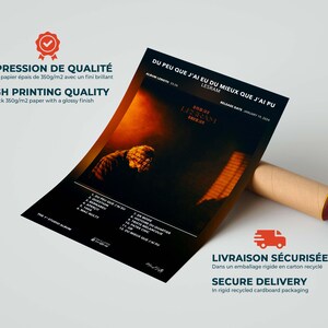 May include: A poster with the text "DU PEU QUE J'AI EU DU MIEUX QUE J'AI PU" by LESRAM. The poster has a dark background with an image of a person. The poster is on thick 350g/m2 paper with a glossy finish.