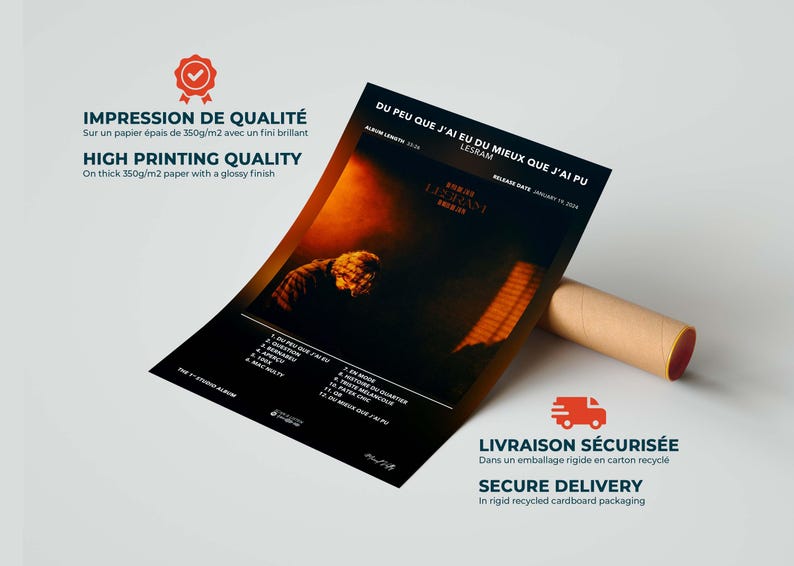 May include: A poster with the text "DU PEU QUE J'AI EU DU MIEUX QUE J'AI PU" by LESRAM. The poster has a dark background with an image of a person. The poster is on thick 350g/m2 paper with a glossy finish.