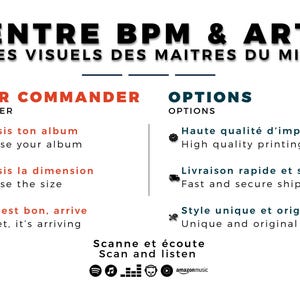 May include: A white graphic with black and red text that reads "ENTRE BPM & ART" and "LES VISUELS DES MAITRES DU MIC". Below are ordering instructions and options, including "Choose your album" and "High quality printing".